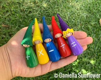 Waldorf Inspired Math Wooden Handmade Peg Dolls/Gnomes Set (Minus, Plus, Divide, Times and King Equal)