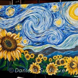 May include: An oil painting on canvas featuring a large yellow sunflower in the foreground and a field of smaller sunflowers below a swirling blue night sky with a crescent moon and stars. The text Daniella Sunflower is printed at the bottom.