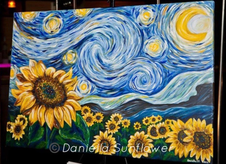 May include: An oil painting on canvas featuring a large yellow sunflower in the foreground and a field of smaller sunflowers below a swirling blue night sky with a crescent moon and stars. The text Daniella Sunflower is printed at the bottom.
