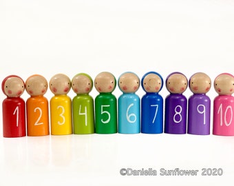 Waldorf/Montessori Inspired Rainbow Numbers Math Wooden Peg-Dolls/Gnomes (1-10) Handmade/Hand Painted