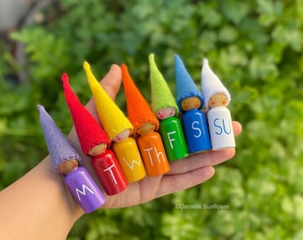 Waldorf Days of the Week Gnomes, Handmade Peg Doll Set