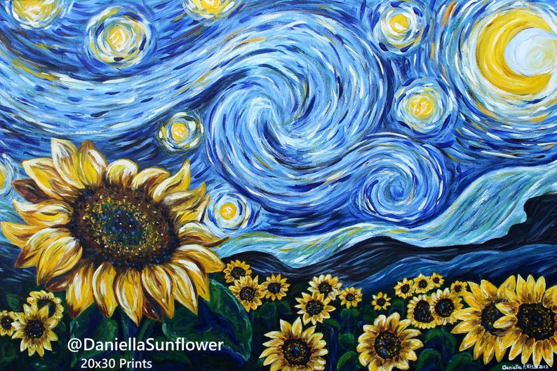 May include: A painting featuring a large yellow sunflower in the foreground and a field of smaller sunflowers below a swirling blue night sky with a bright yellow crescent moon and stars. The text @DaniellaSunflower 20x30 Prints is visible.