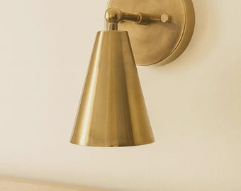 Handmade Antique Brass Cone Wall Sconce, Modern Minimalist Lighting, Bedroom Reading Light