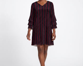 Gothic Velvet Stripe Maxi Dress, Burgundy Damask Dark Romance Flutter Sleeve | Fall Wedding Guest, Dark Academia Gown S–3XL