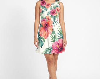 Watercolour Hibiscus Skater Dress, Tropical Floral Fit-and-Flare | Resort Wear, Wedding Guest, Vivid Botanical Midi Dress XS–3XL