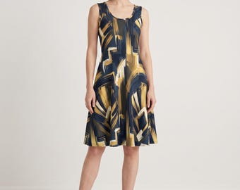 Abstract Midi Dress Women, Midnight Blue Gold Art Deco Brushstroke | Geometric Occasion Dress, Wearable Art XS–5XL