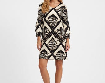 Vestido largo Art Deco con estampado de cebra para mujer, negro, blanco y dorado, manga con volantes geométricos / Invitada de boda, cita nocturna, ropa de playa Tallas S–3XL