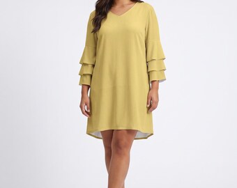 Butter Yellow Midi Dress Women, Solid Flutter Sleeve Resort Wear | Soft Yellow Quiet Luxury Dress, Sun Kissed Minimalist Wearable Art S–3XL