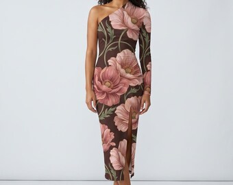 Vestido Art Nouveau floral de manga corta con abertura, color rosa chocolate, ideal para invitadas de boda o para ocasiones románticas, una pieza de arte para vestir, tallas XS–L