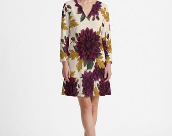 Vestido largo de invitada de boda de otoño para mujer, tallas grandes, vestido largo de manga larga con estampado de hojas de roble y dahlia en color burdeos / vestido floral otoñal en tonos joya, tallas S–5XL
