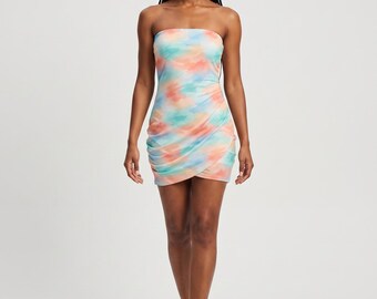 Watercolor Ombre Bodycon Dress Women, Aqua Coral Resort Wear Beach Vacation | Abstract Brushstroke Strapless Gown, Wearable Art S–5XL