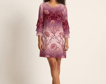 Art Nouveau Floral Flutter Sleeve Midi Dress, Blush Berry Ombre Romantic Date Night | Wearable Art S–3XL