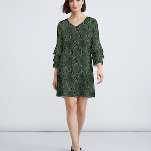 Dark Academia Flutter Dress Women, Forest Green Python Skin Scholarly | Moody Animal Texture, Fall Date Night, Gothic Glam Resort Wear S–3XL