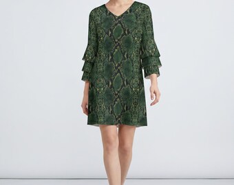 Dark Academia Flutter Dress Women, Forest Green Python Skin Scholarly | Moody Animal Texture, Fall Date Night, Gothic Glam Resort Wear S–3XL