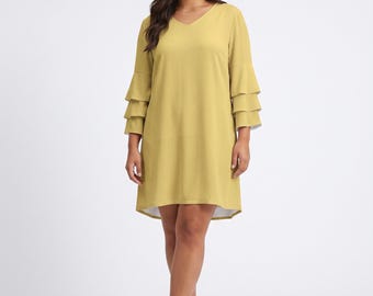 Vestido midi amarillo mantequilla para mujer, estilo resort con mangas acampanadas / Vestido de lujo discreto en amarillo suave, arte minimalista para vestir con un toque soleado, tallas S–3XL