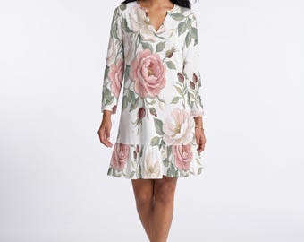 Wild Rose Maxi Dress Women Plus Size, Blush Pink Cottagecore Floral Long Sleeve Gown | Wedding Guest, Resort Wear, Boho Garden Party S–5XL