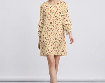 Vestido midi de manga corta con volantes y estampado de caléndulas, color amarillo mantequilla, estilo bohemio/de playa, ideal para invitadas a bodas de verano, arte para vestir, tallas S–3XL