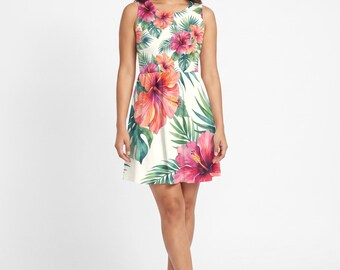 Vestido skater con estampado de hibiscos en acuarela, corte entallado y falda acampanada con estampado floral tropical / Ropa de playa, ideal para invitadas de boda, vestido midi botánico vibrante XS–3XL