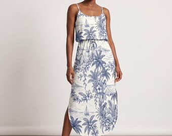 Tropical Toile Maxi Dress Women, Sapphire Cream Engraved Island Scene | Resort Wear, Vacation Gown, Wearable Art S–5XL