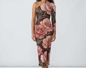 Art Nouveau Floral Half-Sleeve Slit Dress, Chocolate Rose Blush Wedding Guest | Romantic Occasion Dress, Wearable Art XS–L