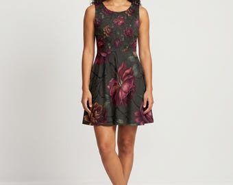Vestido estilo patinadora Gothic Rose, estampado floral oscuro, corte entallado y falda acampanada / Vestido para invitada de boda, cita romántica o evento especial en color burdeos y negro, tallas XS–3XL