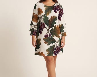 Fall Wedding Guest Maxi Dress Women, Painterly Oak Leaf Berry Botanical | Autumn Occasion Dress, Dark Forest Green Espresso S–3XL