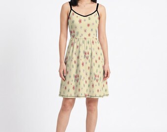 Vestido largo floral Ditsy para mujer, vestido tropical de tirantes finos con acuarela color amarillo mantequilla / Vacaciones en la playa, ropa de resort, Hibiscus Plumeria
