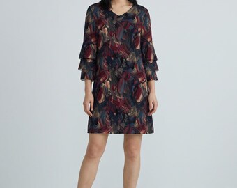 Gothic Abstract Flutter Sleeve Dress, Burgundy Charcoal Dark Romance | Moody Brushstroke Art, Fall Date Night, Wedding Guest S–3XL