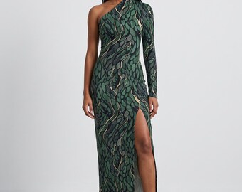 Gothic Snake Scale Dress Women, Emerald Black Dark Wedding Guest | Serpent Scale Half-Sleeve Slit Gown, Witchy Wearable Art XS–L