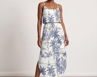 Vestido largo tropical de toile para mujer, color crema zafiro con escena isleña grabada / Ropa de resort, vestido de vacaciones, arte para vestir S–5XL