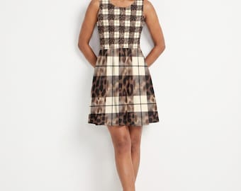 Leopard Windowpane Skater Dress Women, Chocolate Mocha Animal Check Fit-and-Flare | Quiet Luxury Fall Occasion, Wearable Art XS–3XL