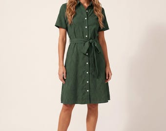 Dark Academia Shirt Dress Women, Deep Forest Green Jacquard Texture | Scholarly Fall Occasion, Elegant Dark Green Wearable Art XS–6XL