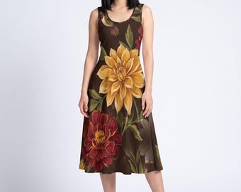 Marigold Midi Dress Women, Painterly Oversized Floral Boho | Folk Dahlia Hummingbird, Festive Fall Wedding Guest Dress XS–5XL