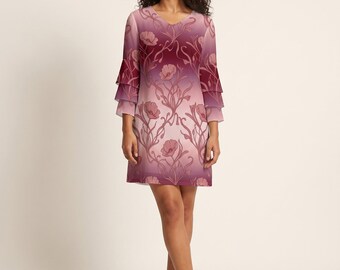 Vestido midi Art Nouveau con mangas acampanadas y estampado floral, tono rosa baya degradado, ideal para una cita romántica / Arte para vestir Tallas S–3XL