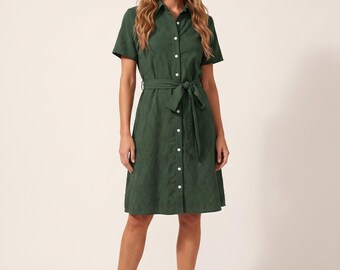 Vestido camisero de estilo Dark Academia para mujer, textura jacquard verde bosque intenso / Ocasión académica de otoño, elegante prenda de arte verde oscuro XS–6XL
