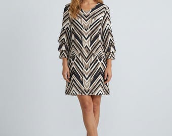 Geometric Zebra Flutter Sleeve Dress, Black Ivory Art Deco Stripes | Date Night, Resort Wear, Bold Animal Motif Dress S–3XL