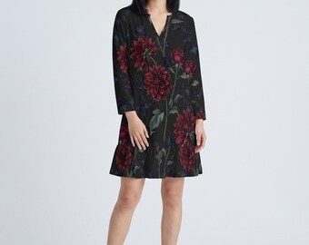 Vestido midi floral gótico para mujer, tallas grandes, Dark Dahlia, vestido de manga larga para invitada de boda de otoño / tono joya, tallas S–5XL