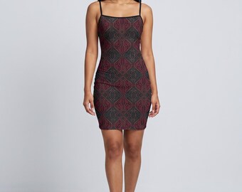 Gothic Geometric Midi Dress, Charcoal Burgundy Art Deco Damask | Dark Wedding Guest, Fall Formal Occasion Dress S–2XL