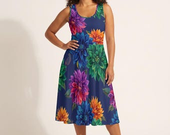 Jewel Tone Floral Midi Dress Women, Folk Dahlia Botanical | Wedding Guest, Resort Wear, Festive Occasion Dress XS–5XL