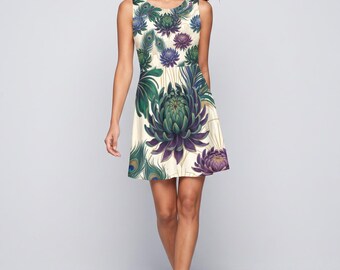 Vestido de patinadora floral Art Déco, vestido de fiesta para invitada de boda en tonos joya con corte entallado y falda acampanada / Vestido de ocasión botánico con crisantemo en oro esmeralda XS–3XL