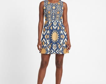 Geometric Folk Art Skater Dress, Indigo Ivory Ochre Talavera Sun | Boho Resort Wear, Summer Wedding Guest Fit-and-Flare XS–3XL
