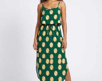 Vestido largo verde esmeralda para mujer, tallas grandes, vestido estilo art déco con tirantes finos y lunares dorados / Ideal para invitadas de boda, fiestas y vacaciones (tallas S–5XL)