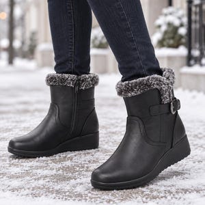 Könnte beinhalten: Ein Paar schwarze Stiefeletten mit seitlichem Reißverschluss, einem Zierriemen mit silberfarbener Schnalle und einem grauen Kunstfellbesatz am Schaft. Die Stiefel haben einen flachen Keilabsatz und eine glatte Oberfläche, getragen zu einer blauen Jeans.