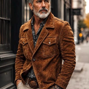 May include: A tobacco brown suede jacket featuring a notched lapel, two chest pockets with buttoned flaps, and a single-button front closure. The jacket is worn over a dark grey button-down shirt and paired with light beige trousers and a belt.