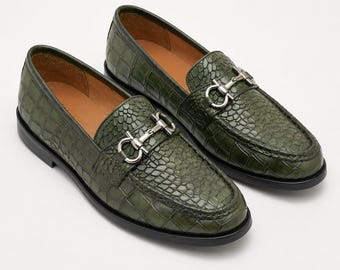 Men’s Green Leather Loafers, Crocodile Embossed Horsebit Shoes, Handmade Slip On Dress Shoes