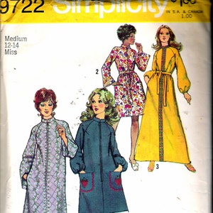 May include: Simplicity pattern 9722 featuring four vintage dress designs. The dresses include a floral print, a solid yellow maxi dress, a blue dress with strawberry pocket details, and a quilted robe. The pattern is for sizes 12-14.