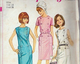 Vintage 1966 Simplicity 6532 Mod One-Piece Dress Sewing Pattern Size 16 Bust 36"