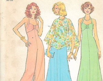 1975 Simplicity 6939 Misses Retro Halter Dress, Wide-Leg Halter Jumpsuit & Poncho Sewing Pattern Size 12 Bust 34"