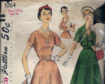 Vintage 1955 Simplicity 1064 Misses And Women's One- Piece Dress & Bolero Jacket In Half Sewing Pattern Sizes Size 14 1/2 Bust 33"