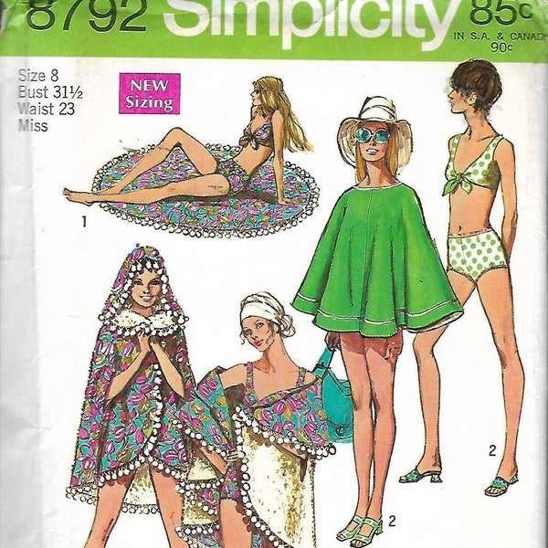 Vintage 1970 Simplicity 8792 Misses Retro Bathing-Suit Poncho Or Beach Cover-Up/ Blanket Sewing Pattern Size 8 Bust 31 1/2" UNCUT FF